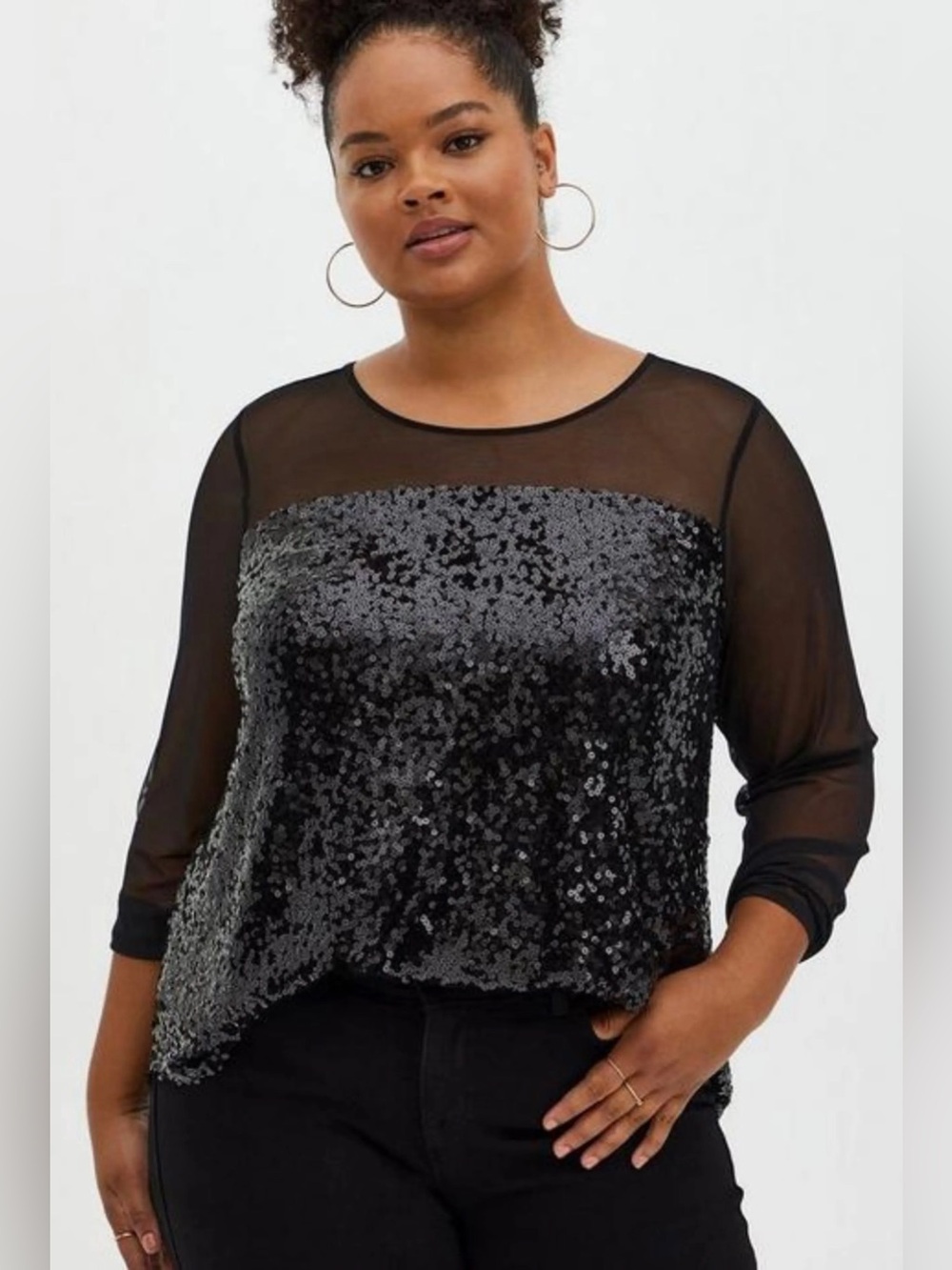 Torrid Black Sequin Mesh Long Sleeve Party Top Plus 4 4X 26 Keyhole Back NWT